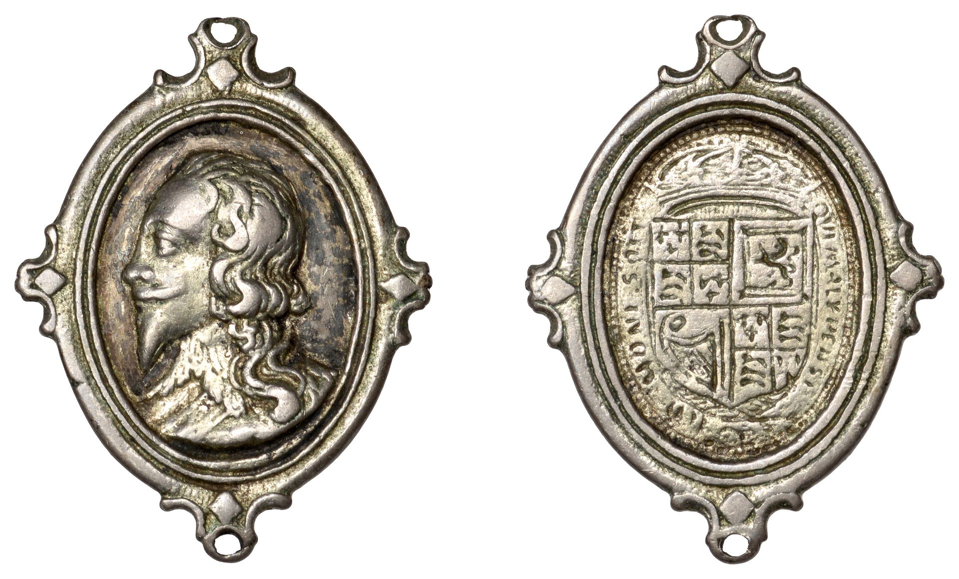 Charles I, a cast silver Royalist badge, unsigned, bare-headed bust left with long hair and...