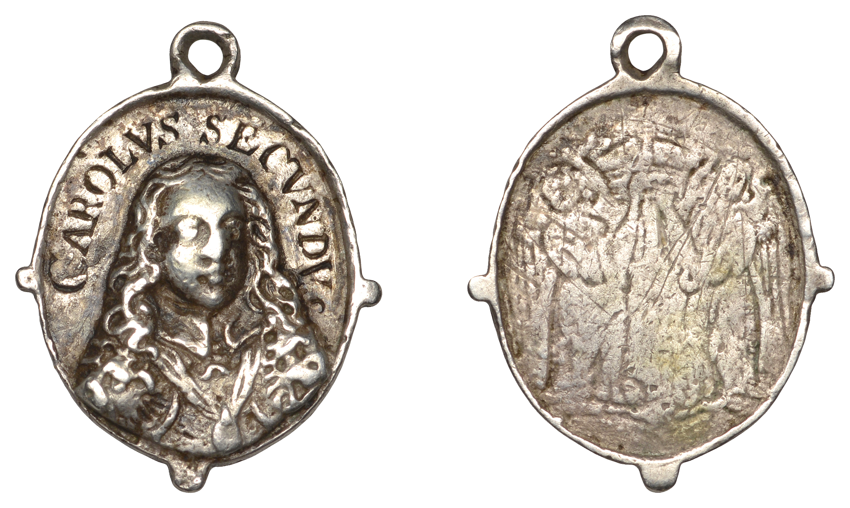 Charles II, a silver Royalist badge, unsigned [possibly by T. Rawlins], bust three-quarters...