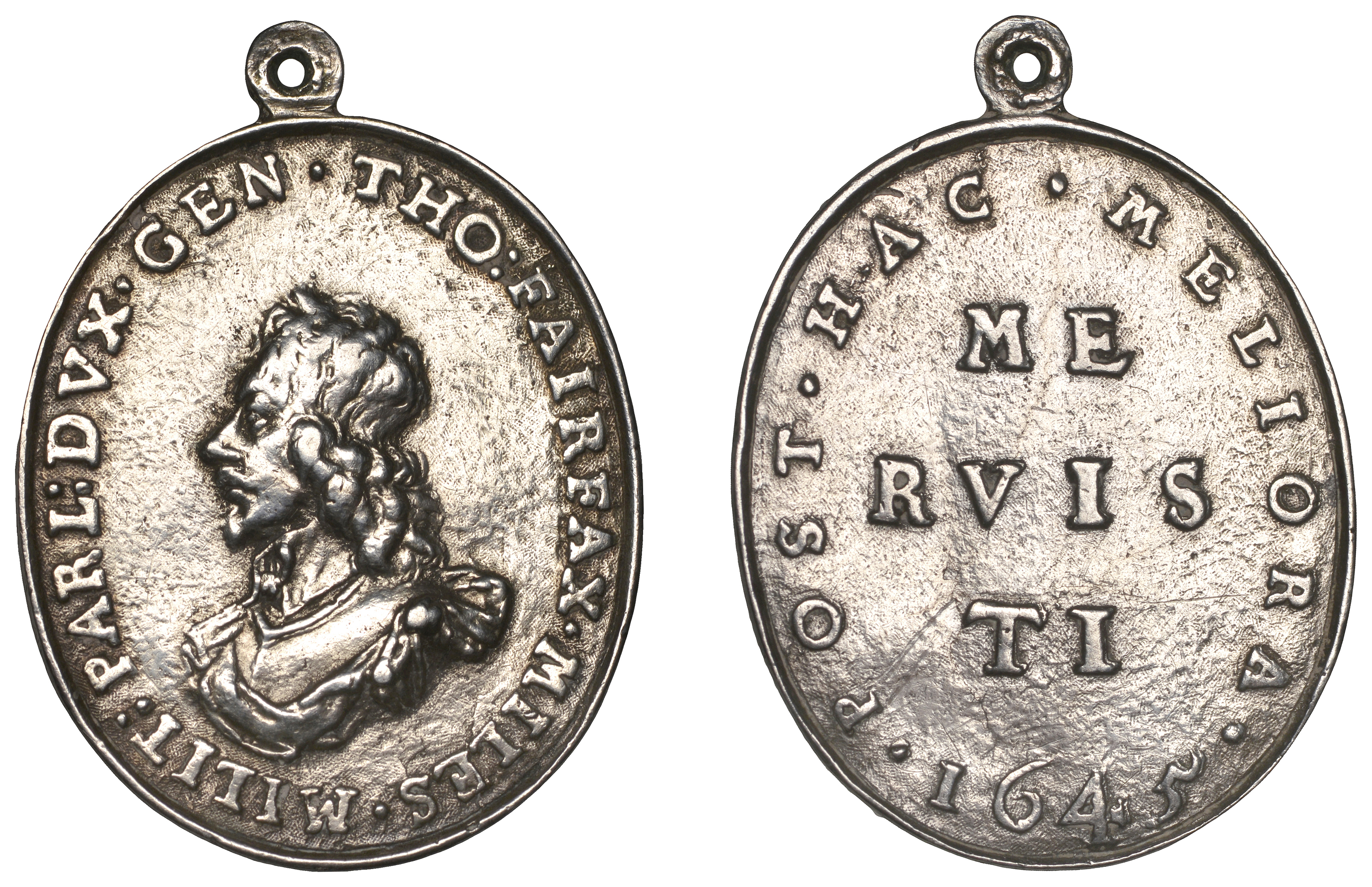Sir Thomas Fairfax, 1645, a cast oval silver badge, unsigned [by T. Simon], armoured bust le...