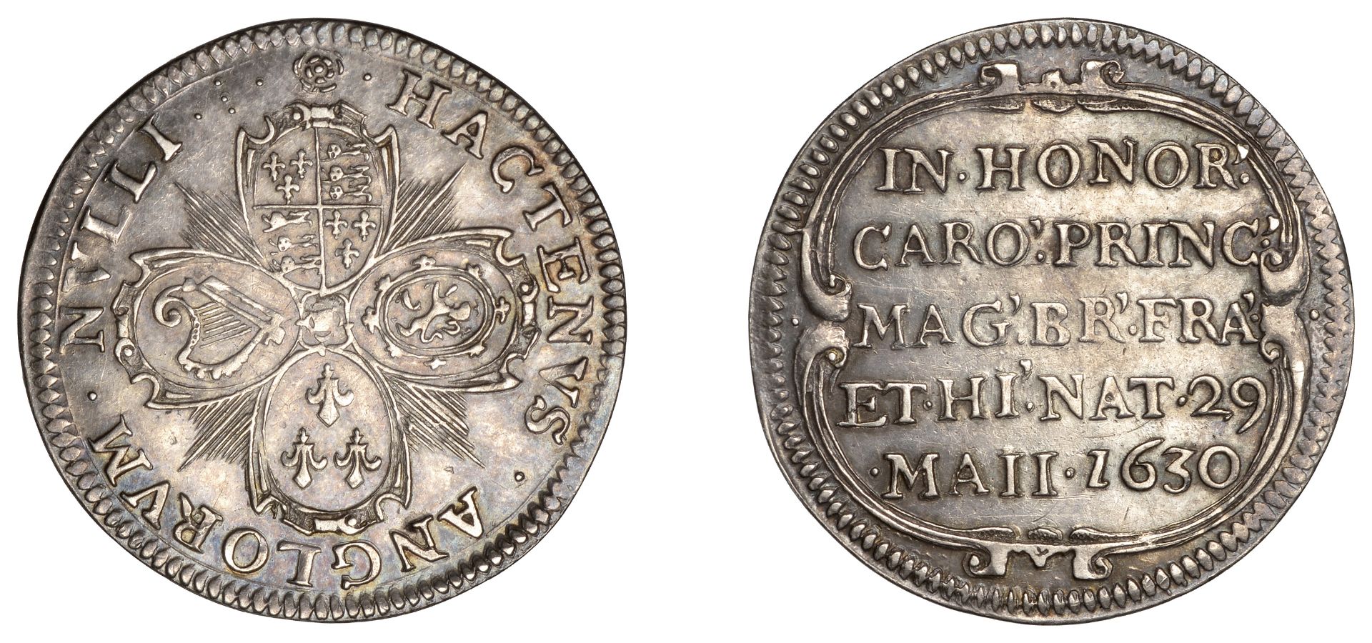 Birth of Prince Charles, 1630, a silver medal, unsigned (attributed to N. Briot), cruciform...