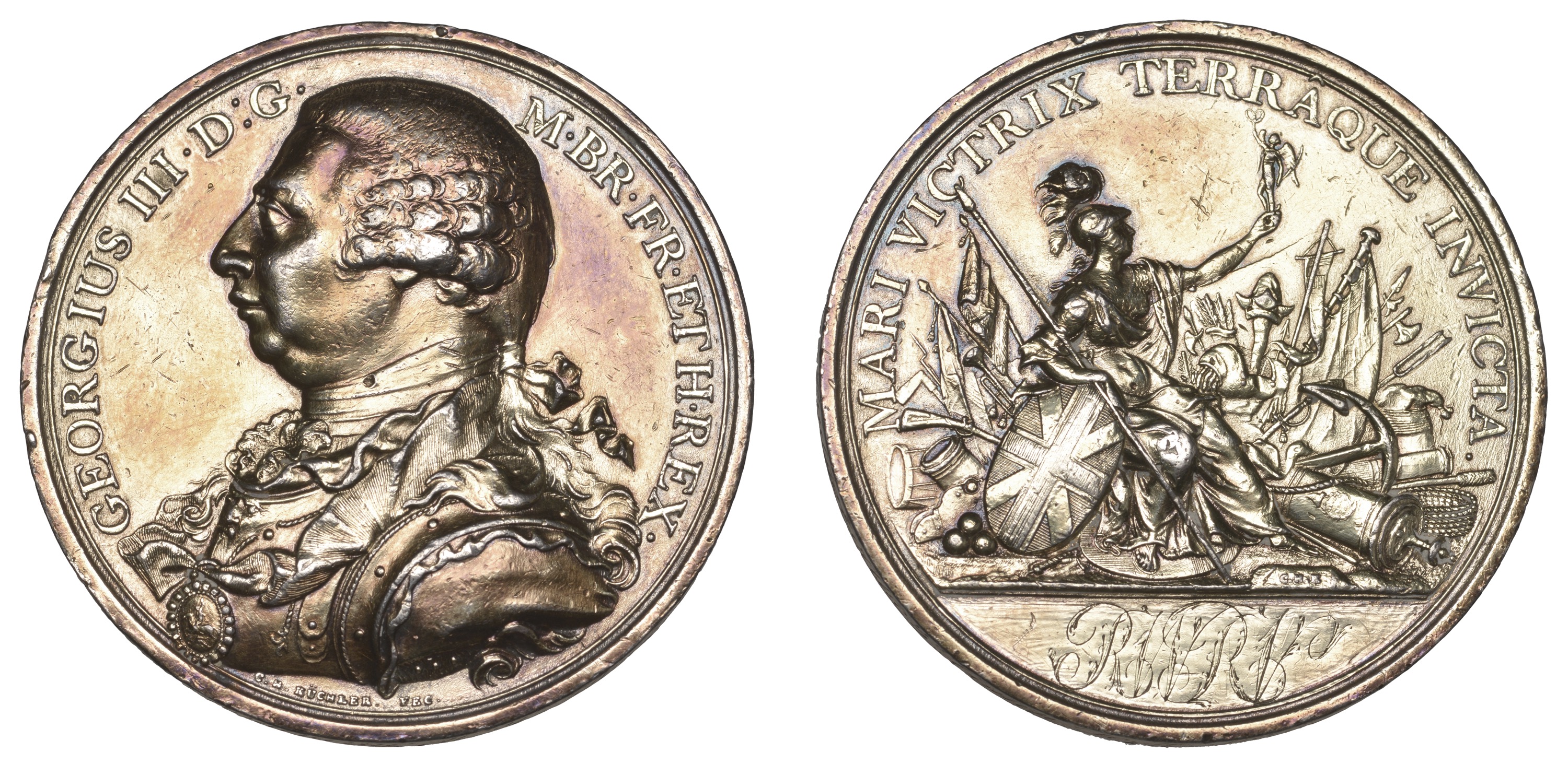 British Victories, 1798, a copper-gilt medal by C.H. KÃ¼chler, armoured bust of George III le...