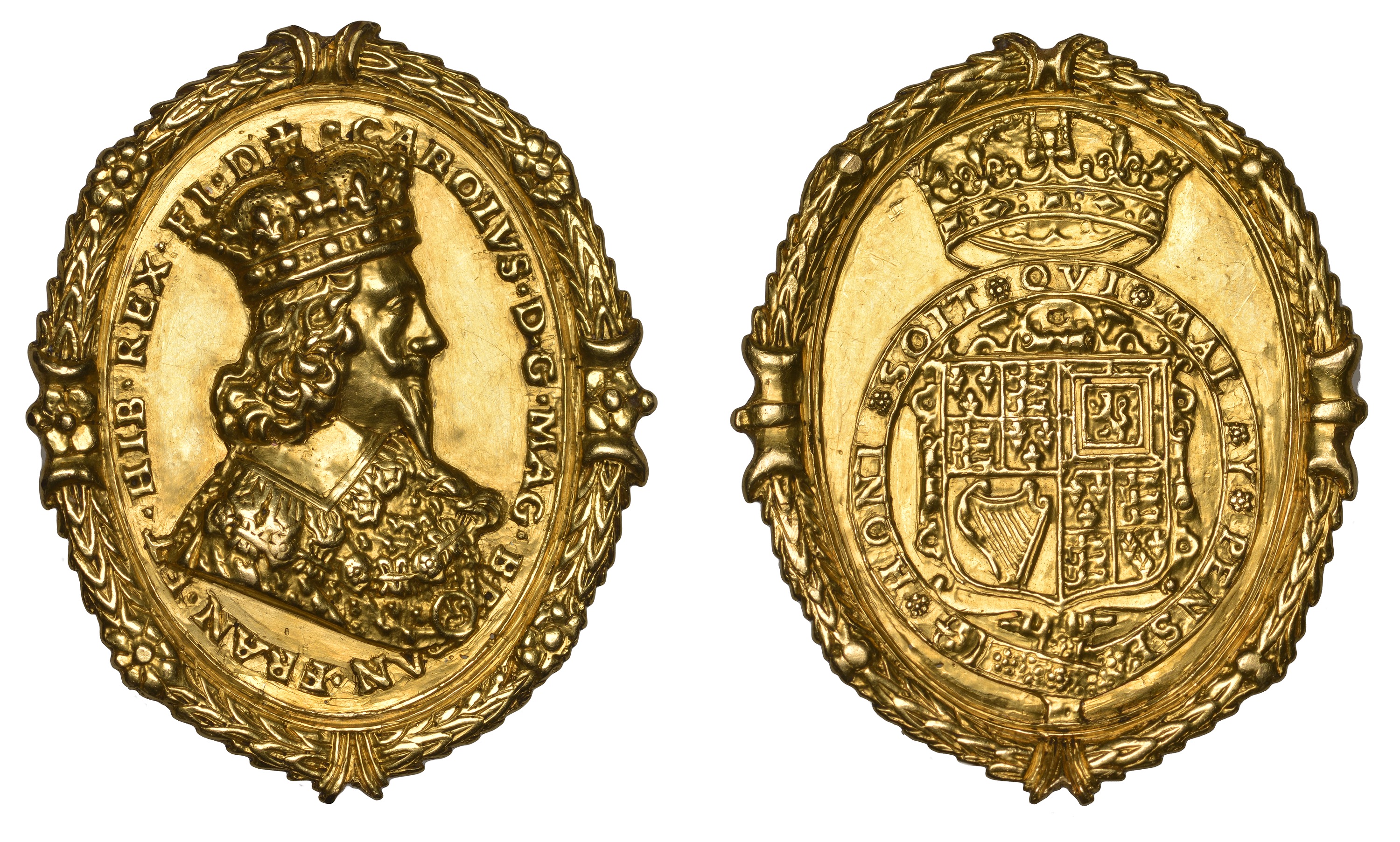 Charles I, a cast and chased gold Royalist badge, unsigned [by T. Rawlins], crowned bust rig...