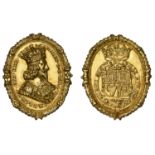 Charles I, a cast and chased gold Royalist badge, unsigned [by T. Rawlins], crowned bust rig...