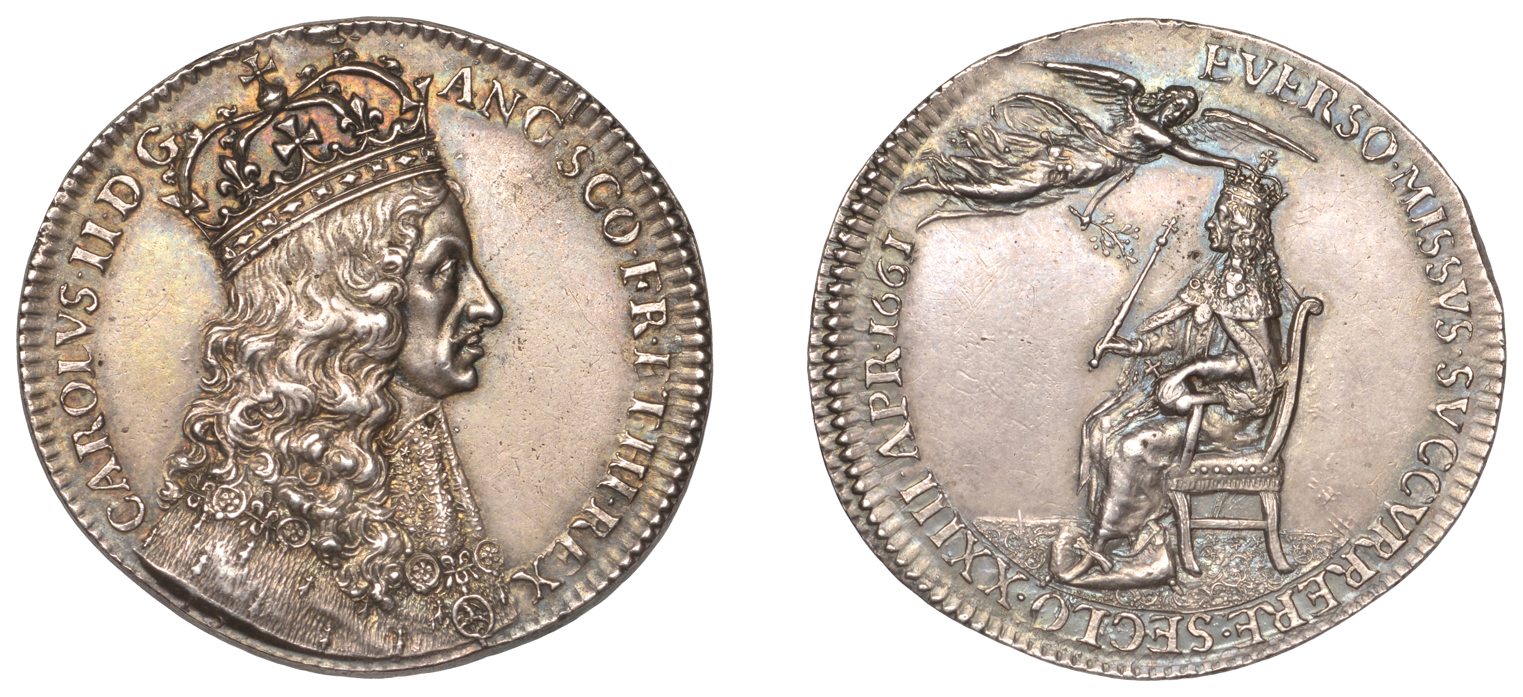 Charles II, Coronation, 1661, a struck silver medal by T. Simon, crowned bust right, signed...