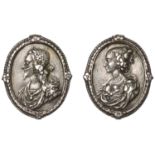 Charles I and Henrietta Maria, a cast silver Royalist badge, unsigned [by T. Rawlins], laure...