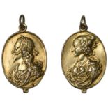 Charles I and Henrietta Maria, a cast and chased silver-gilt Royalist badge by T. Rawlins, l...