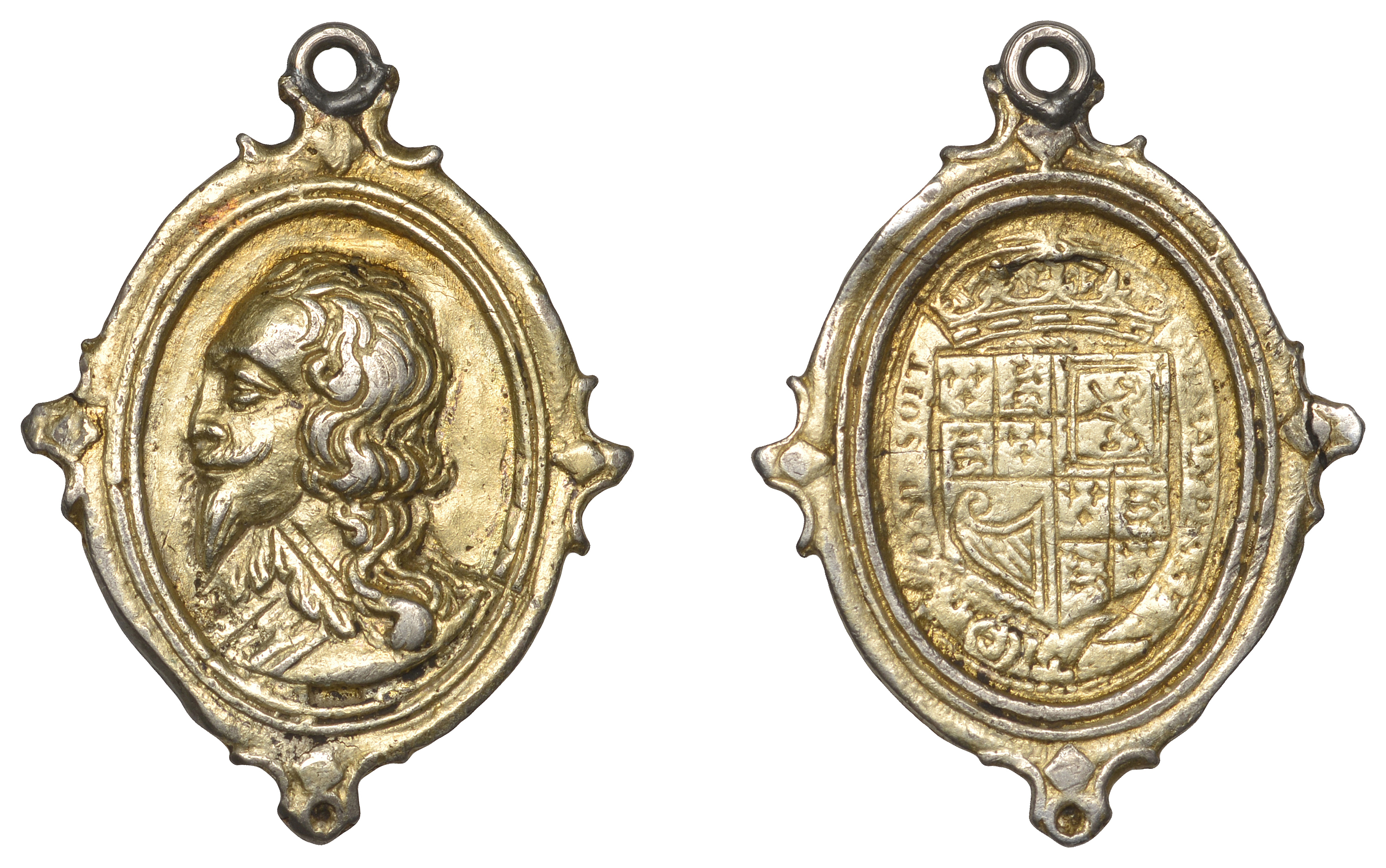 Charles I, a cast and chased silver-gilt Royalist badge by T. Rawlins, large bare-headed bus...