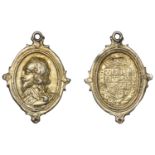 Charles I, a cast and chased silver-gilt Royalist badge by T. Rawlins, large bare-headed bus...