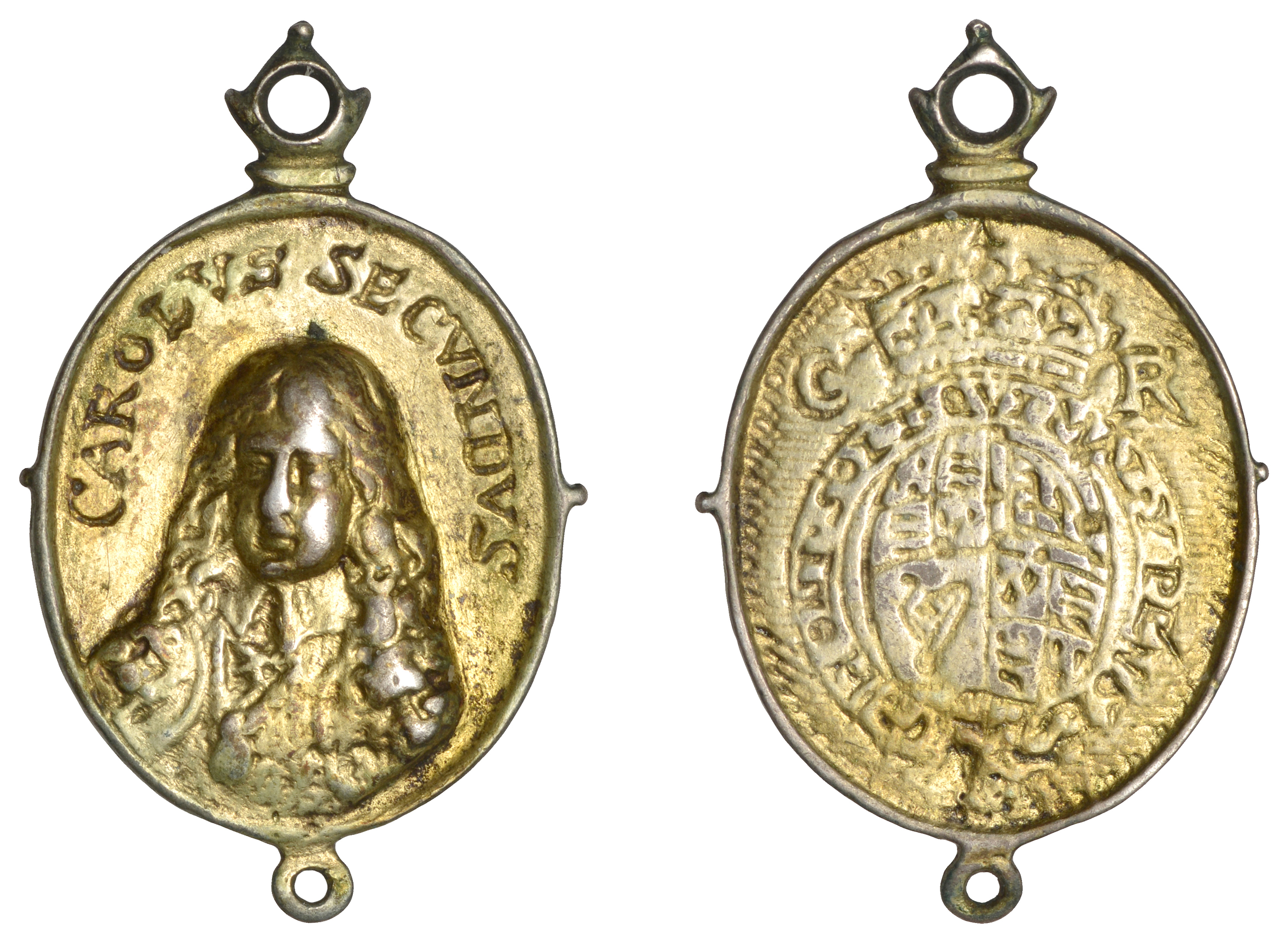 Charles II, a silver-gilt Royalist badge, unsigned [possibly by T. Rawlins], cuirassed drape...
