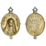 Charles II, a silver-gilt Royalist badge, unsigned [possibly by T. Rawlins], cuirassed drape...