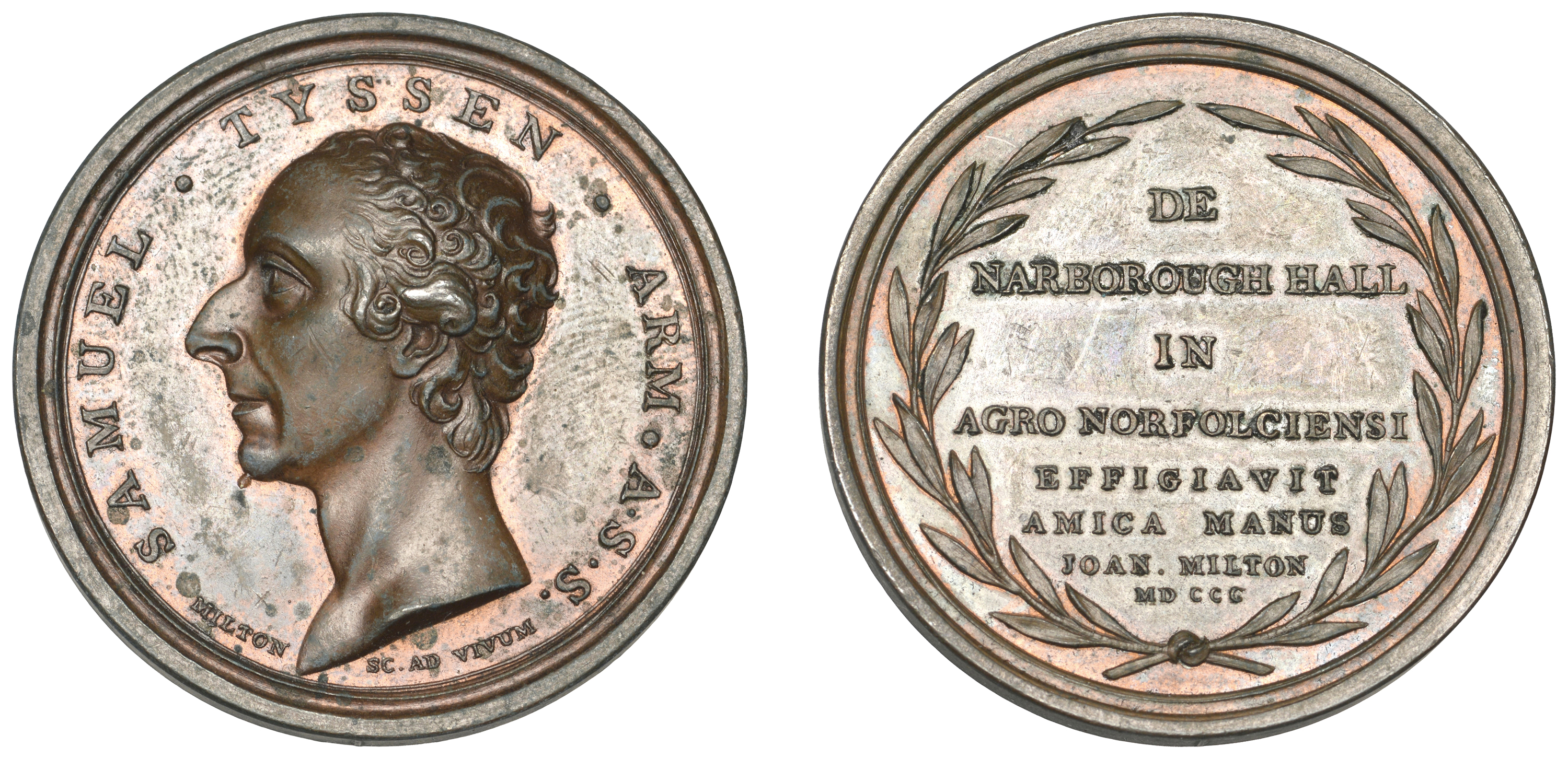 Death of Samuel Tyssen, 1800, a copper medal by J. Milton, bust left, samuel tyssen arm a s...