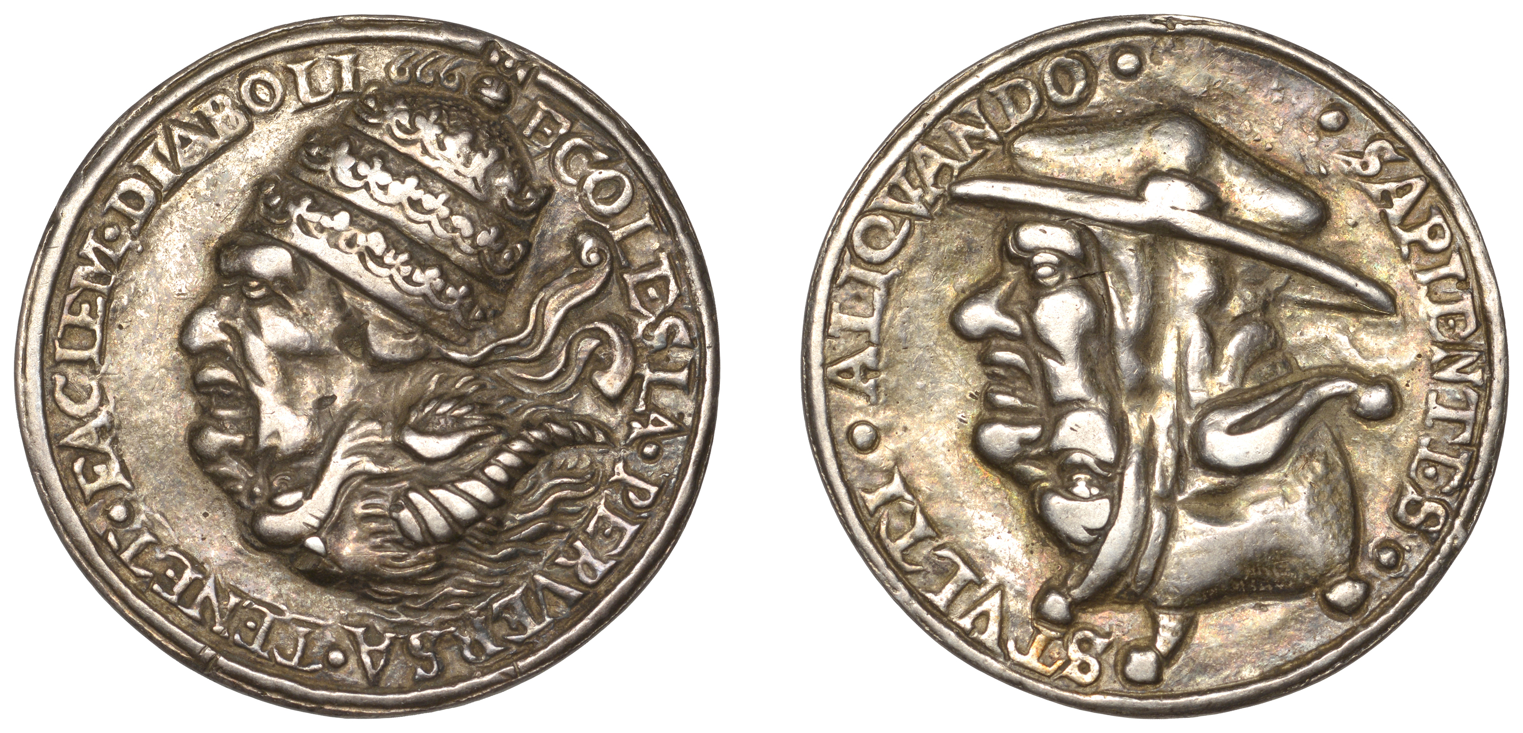 Anti-Papal, a cast silver medal, undated [17th cent.], reversible heads of the Pope and the...