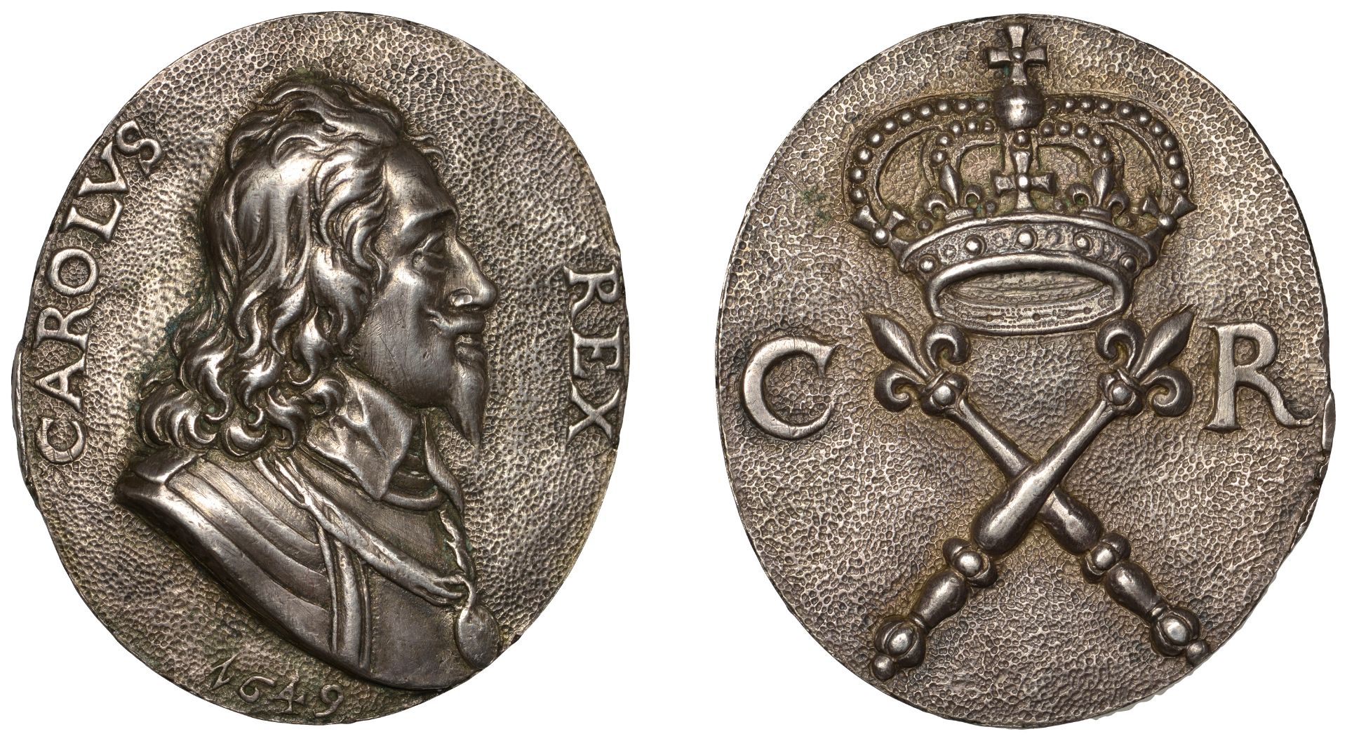Charles I, Memorial, 1649, an oval cast silver medal, possibly of Dutch origin, bust right w...
