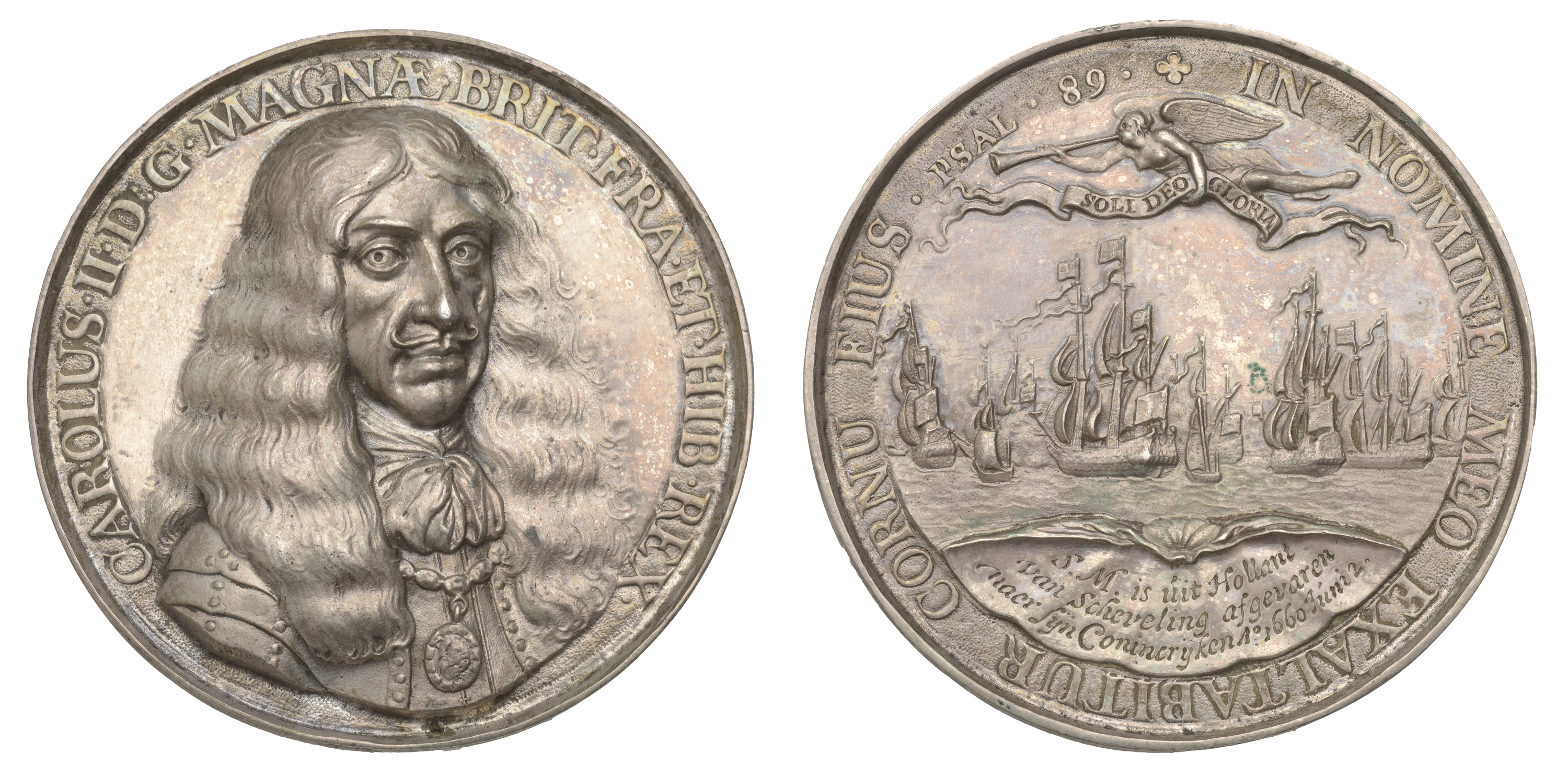 Charles II, Embarkation at Scheveningen, 1660, a hollow cast silver medal by P. van Abeele,...