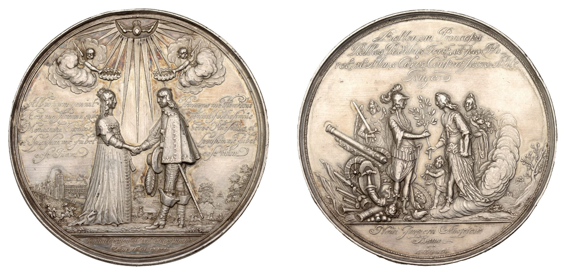 Marriage of William of Orange and Princess Mary, 1641, a silver medal by J. Blum, standing f...