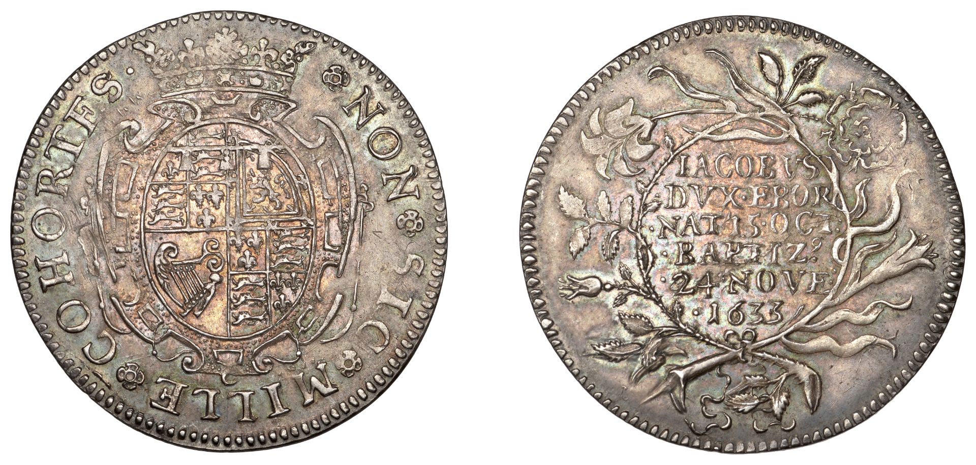 Baptism of Prince James, 1633, a silver medal by N. Briot, from the same dies as last, 30mm,...