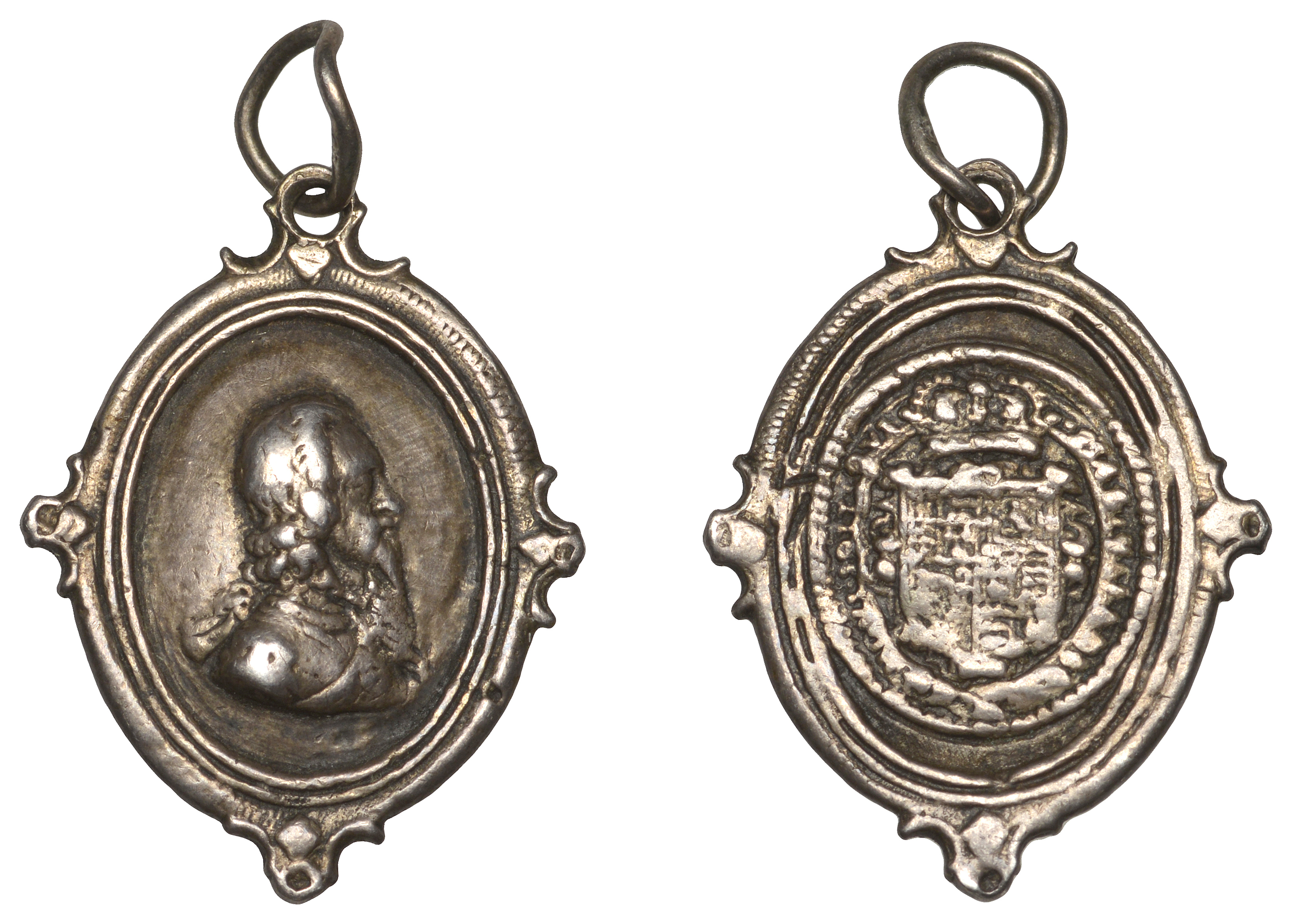 Charles I, a cast and chased silver Royalist badge, unsigned, bare-headed bust right, rev. c...