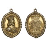 Charles I, a cast and chased silver-gilt Royalist badge, unsigned [by T. Rawlins], similar t...