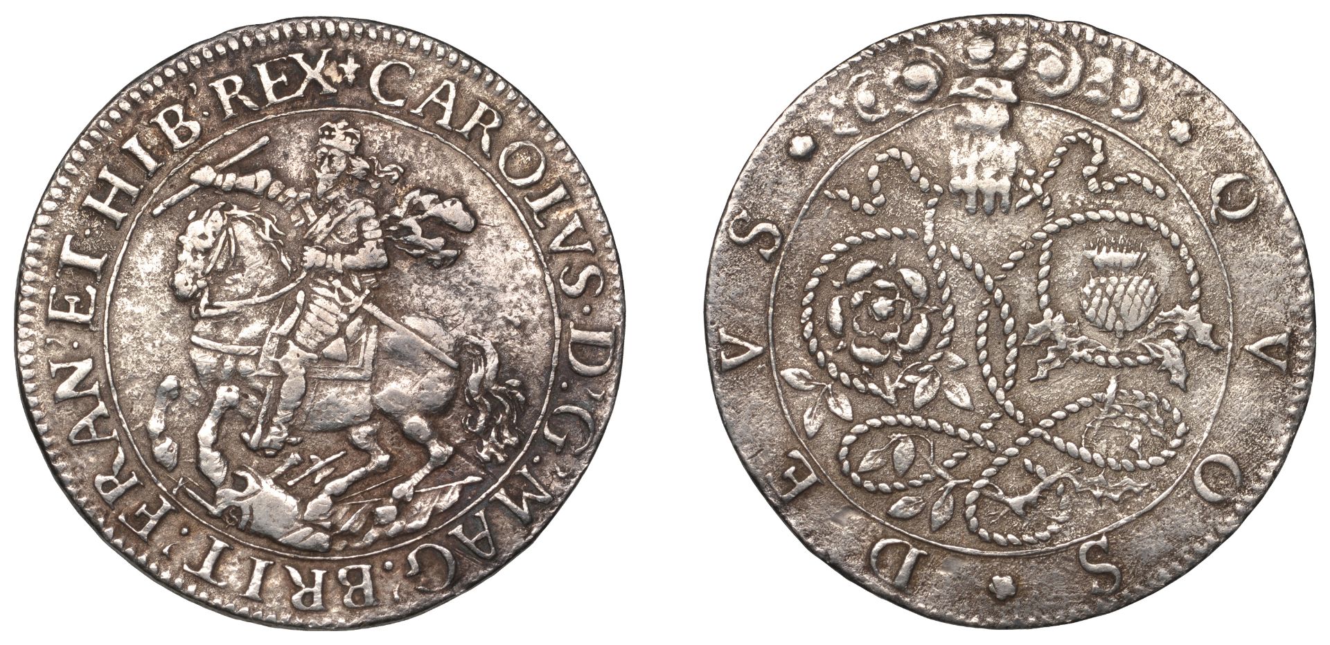 Scottish Rebellion Extinguished, [1639], a cast silver medal by T. Simon, undated, King on h...