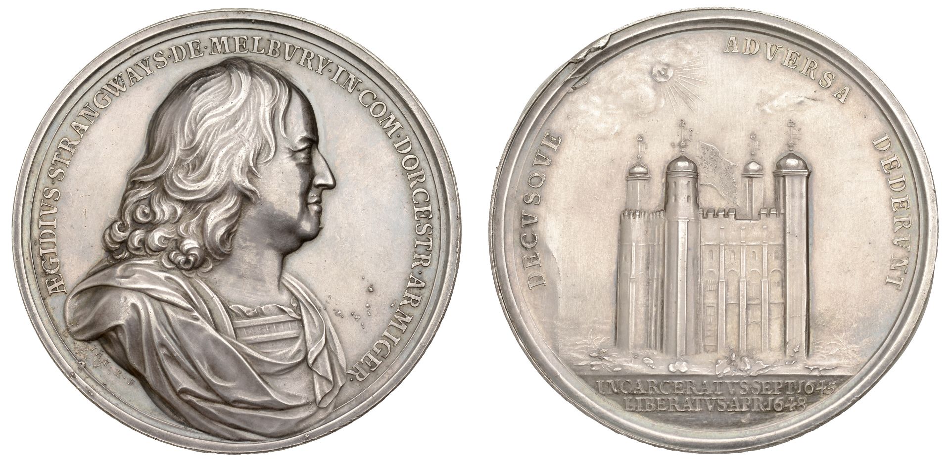Release of Giles Strangways, 1648, a silver medal by J. Roettiers [struck c. 1670], cuirasse...