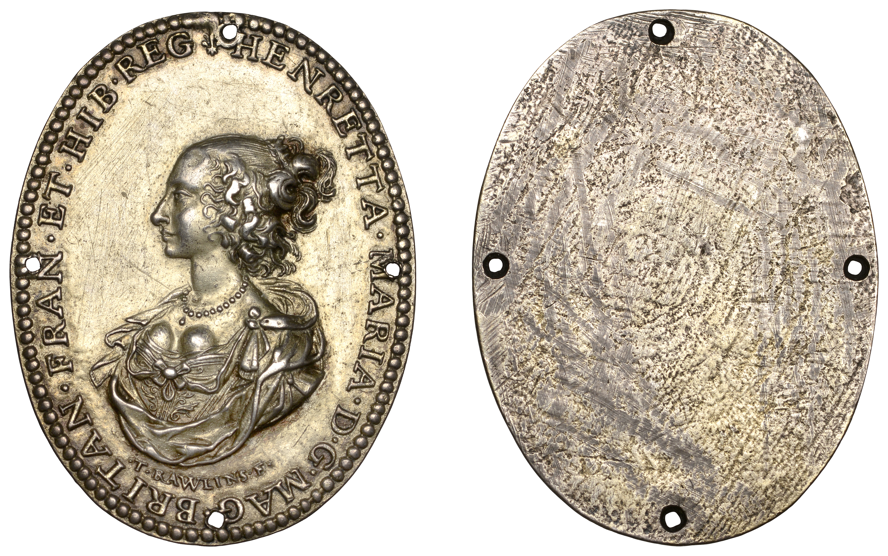 Henrietta Maria, a uniface cast silver-gilt Royalist badge by T. Rawlins, draped bust left,...