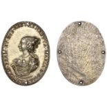 Henrietta Maria, a uniface cast silver-gilt Royalist badge by T. Rawlins, draped bust left,...