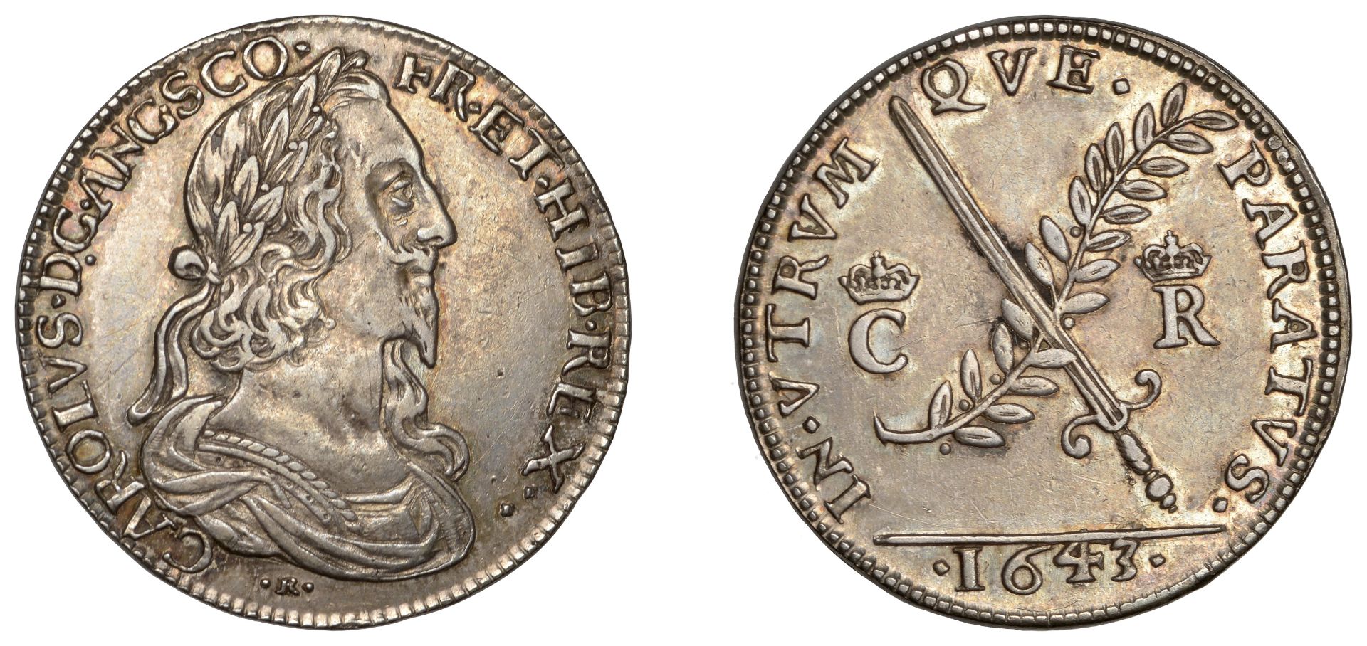 Peace or War, 1643, a struck silver medal by T. Rawlins, laureate draped bust of Charles I r...