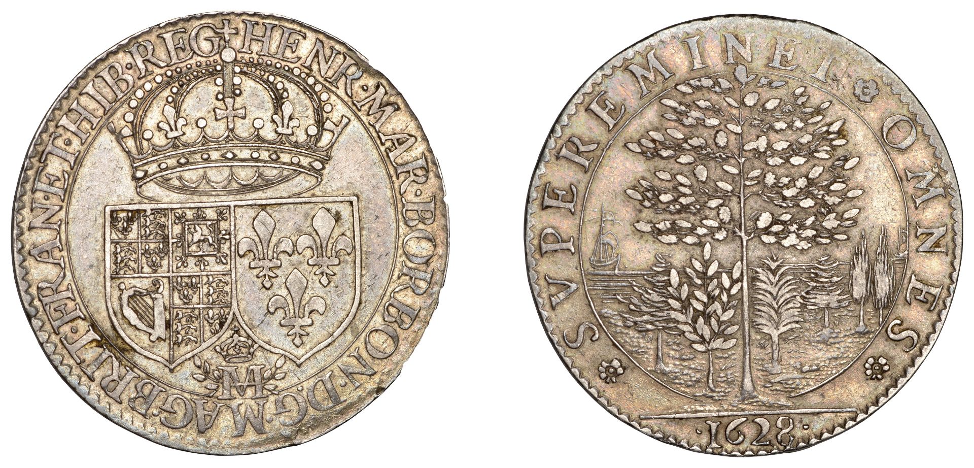 Tribute to Henrietta Maria of Bourbon, 1628, a silver medal by N. Briot, conjoined shields o...