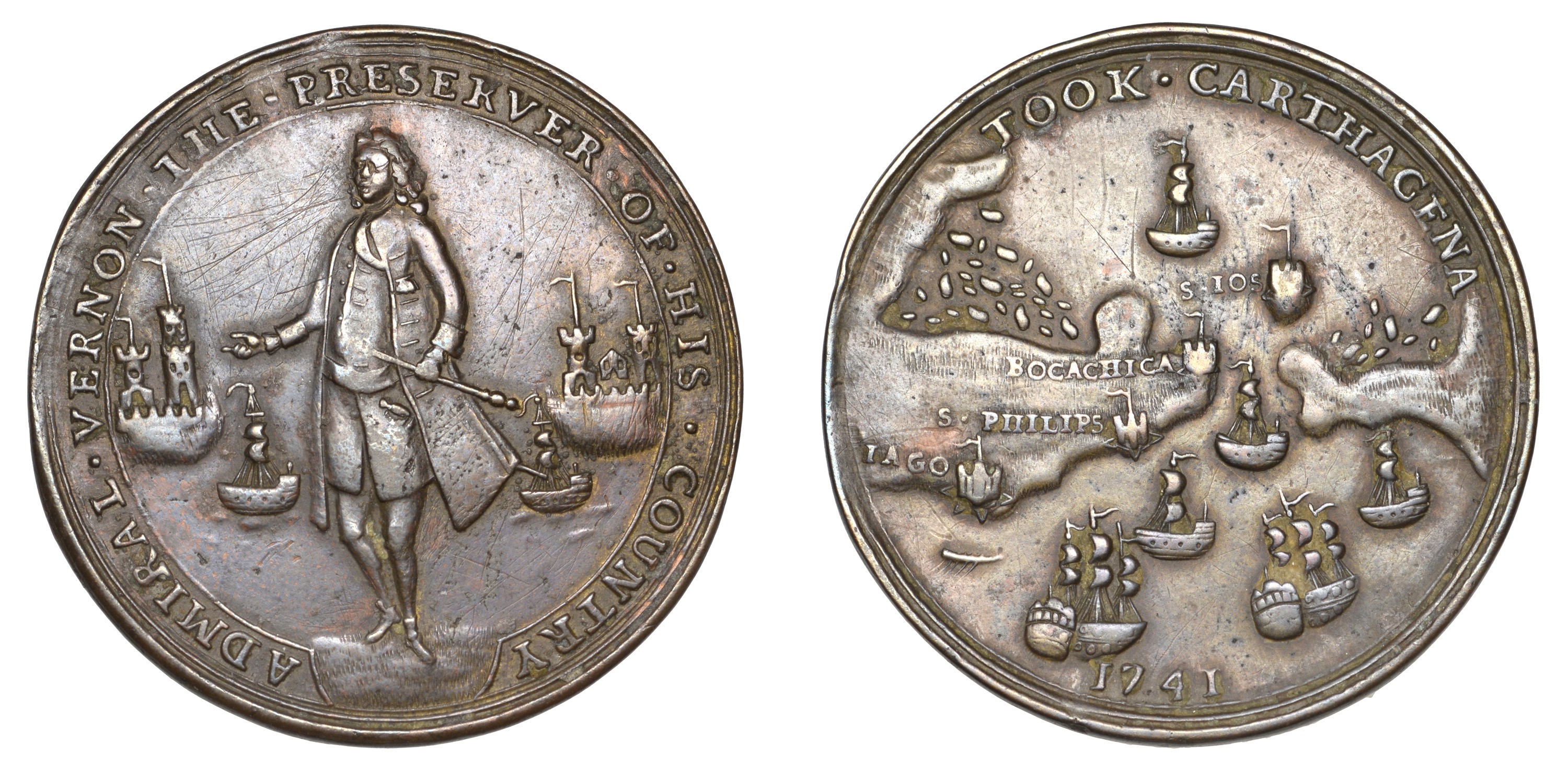 Capture of Cartagena, 1741, a bronze medal, unsigned, standing figure of Admiral Vernon, for...