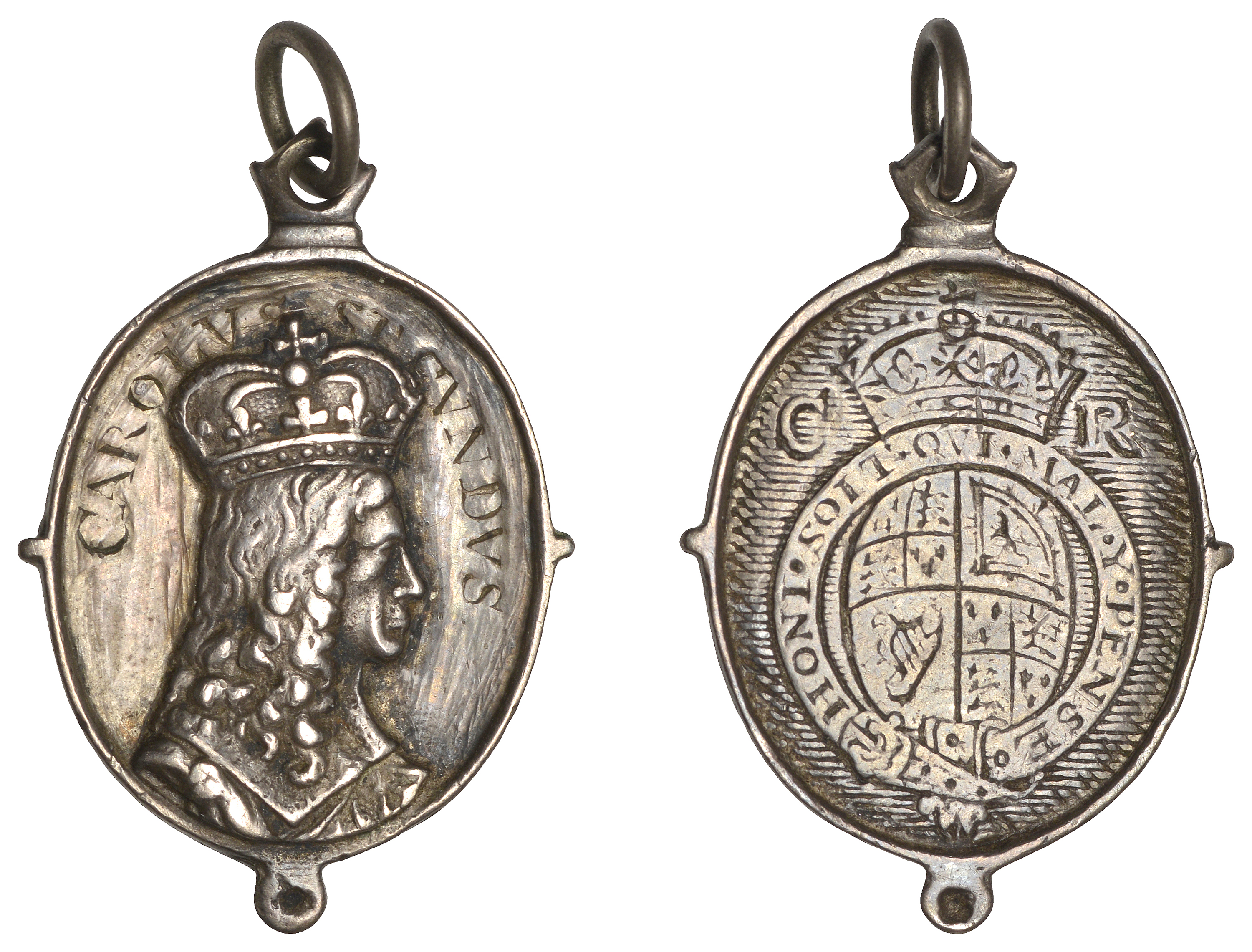 Charles II, a silver Royalist badge, unsigned, as last, 23 x 19mm, 3.05g (MI I, 440/9). Near...