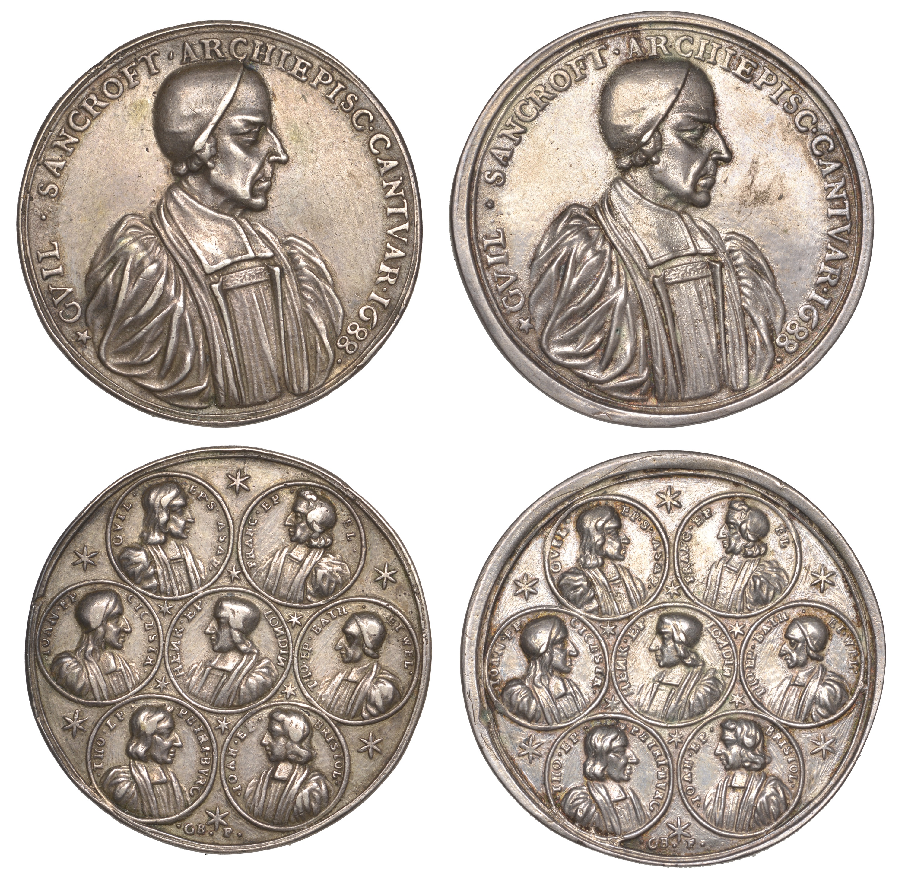 Archbishop Sancroft and the Seven Bishops, 1688, cast silver medals (2), by G. Bower, bust r...