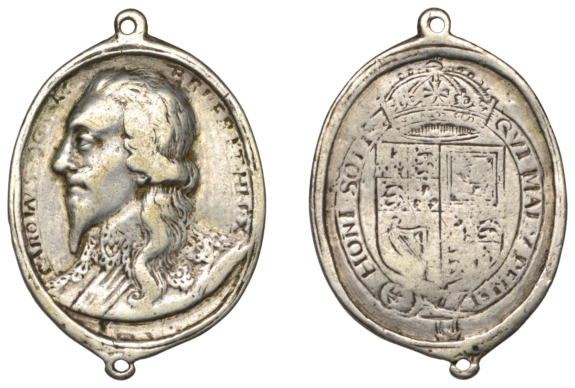 Charles I, a cast and chased silver Royalist badge by T. Rawlins, large bare-headed bust lef...