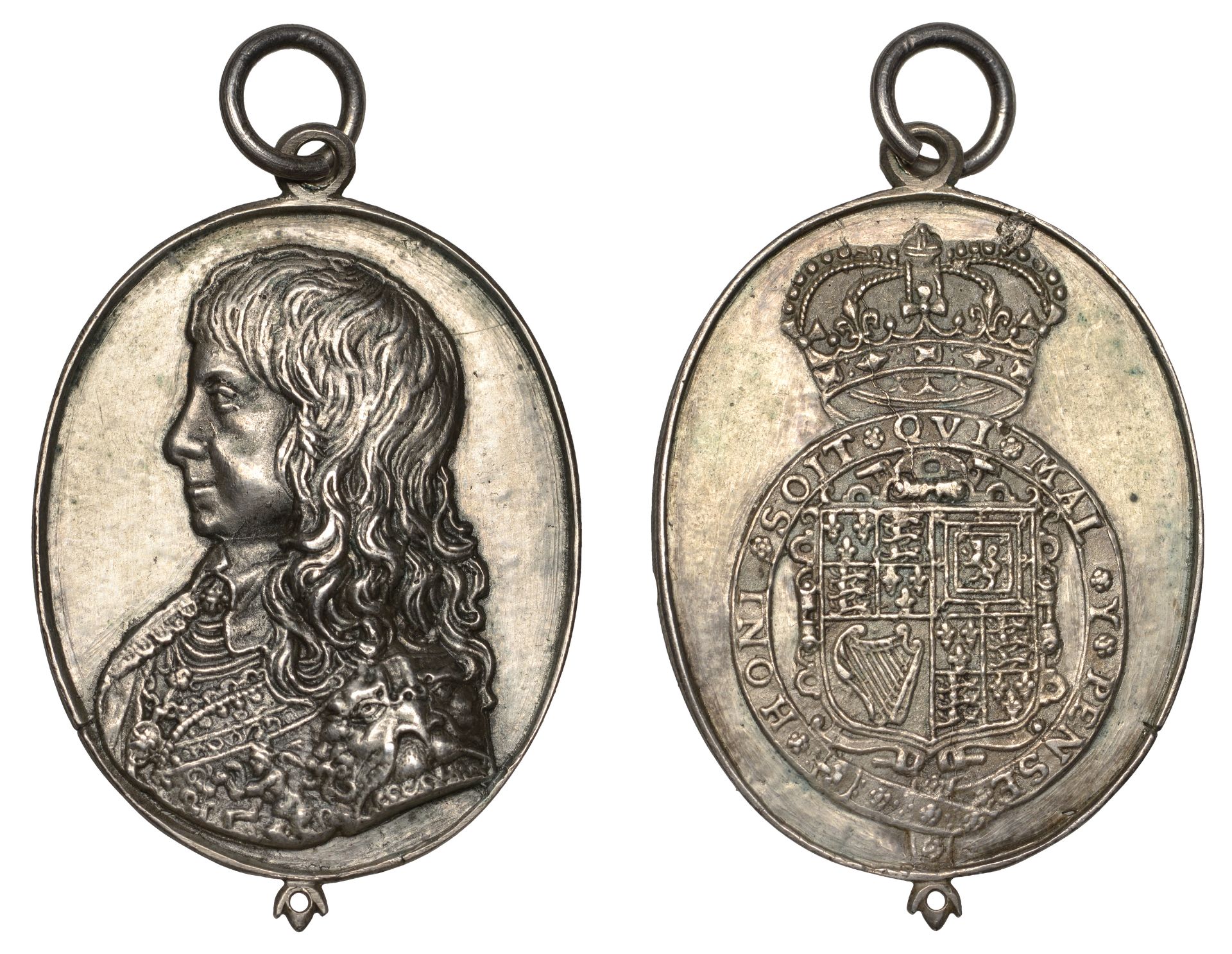 Charles, Prince of Wales, a cast and chased silver Royalist badge by T. Rawlins, bare-headed...