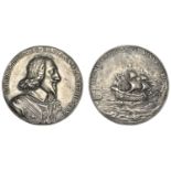 Dominion of the Sea, 1639, a cast and chased silver-gilt medal by N. Briot, armoured bust of...