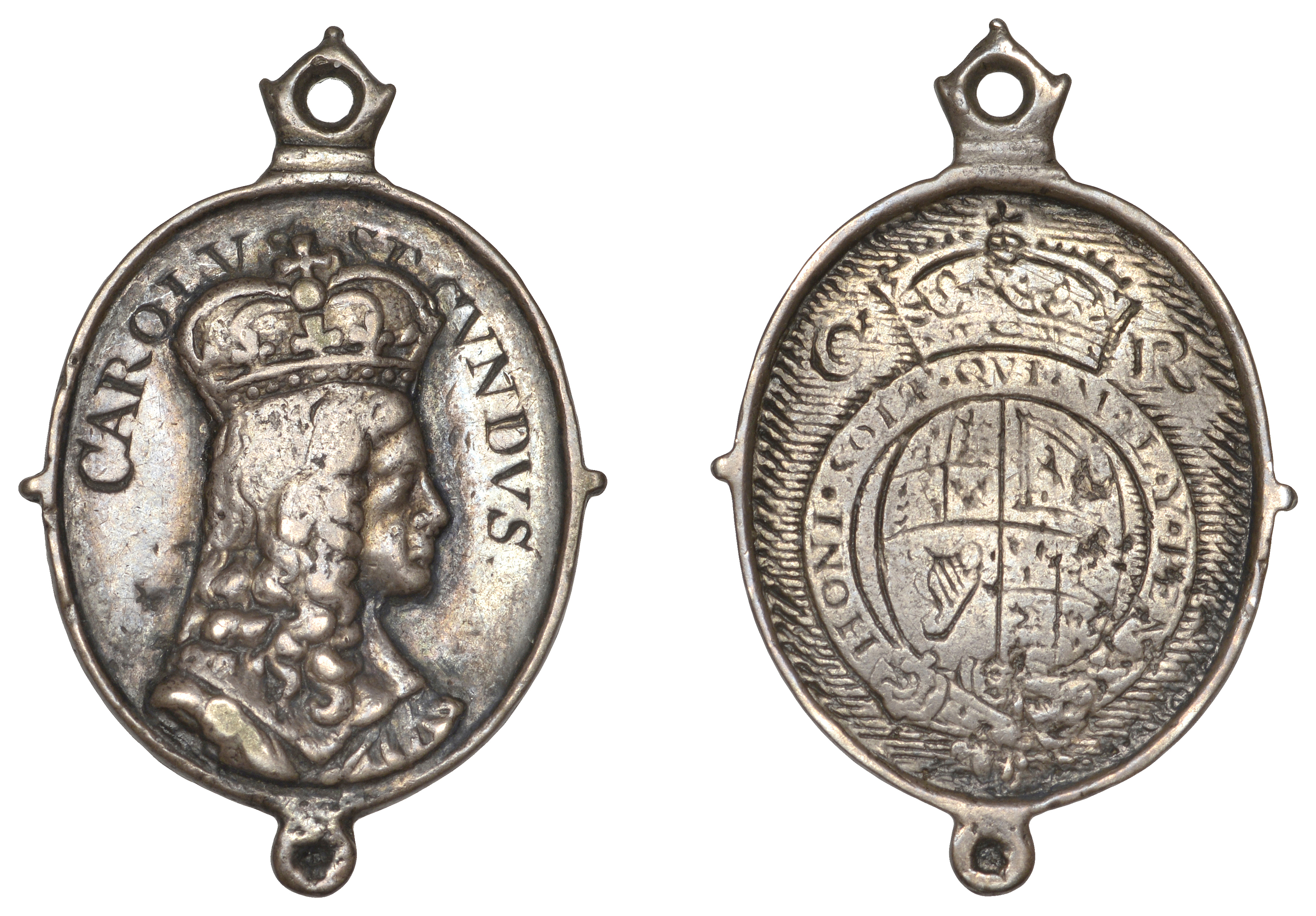 Charles II, a silver Royalist badge, unsigned, bust right wearing large crown, carolus secun...