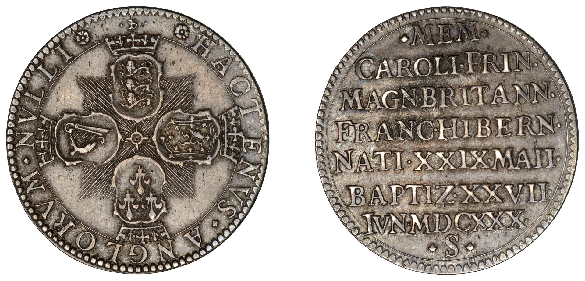 Baptism of Prince Charles, 1630, a silver medal by N. Briot, crowned cruciform shields, rays...