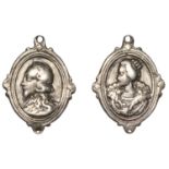 Charles I and Henrietta Maria, a cast and chased silver Royalist badge, unsigned, bare-heade...