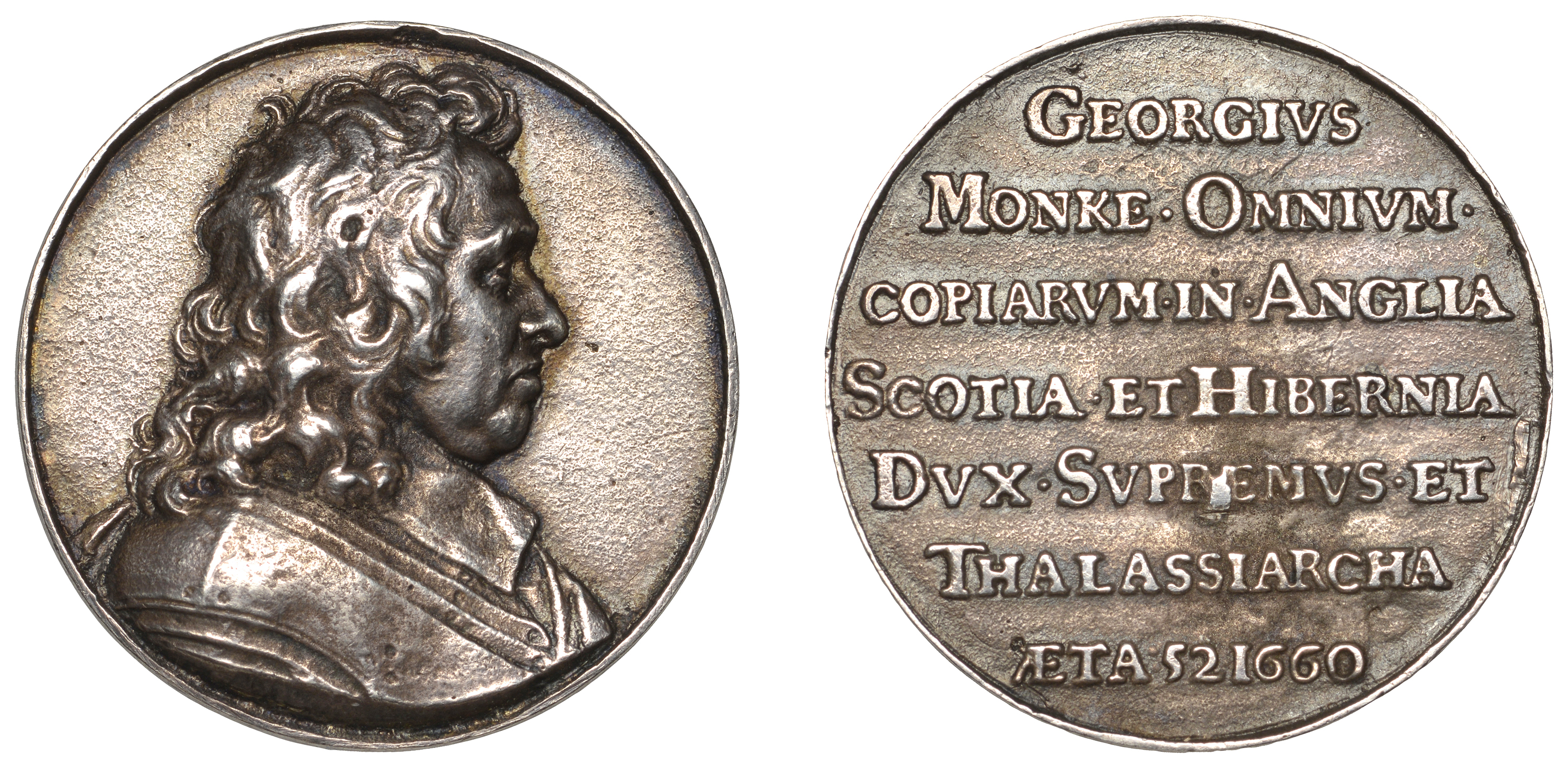 General George Monck, 1660, a cast silver medal, unsigned [by A. and T. Simon], armoured bus...