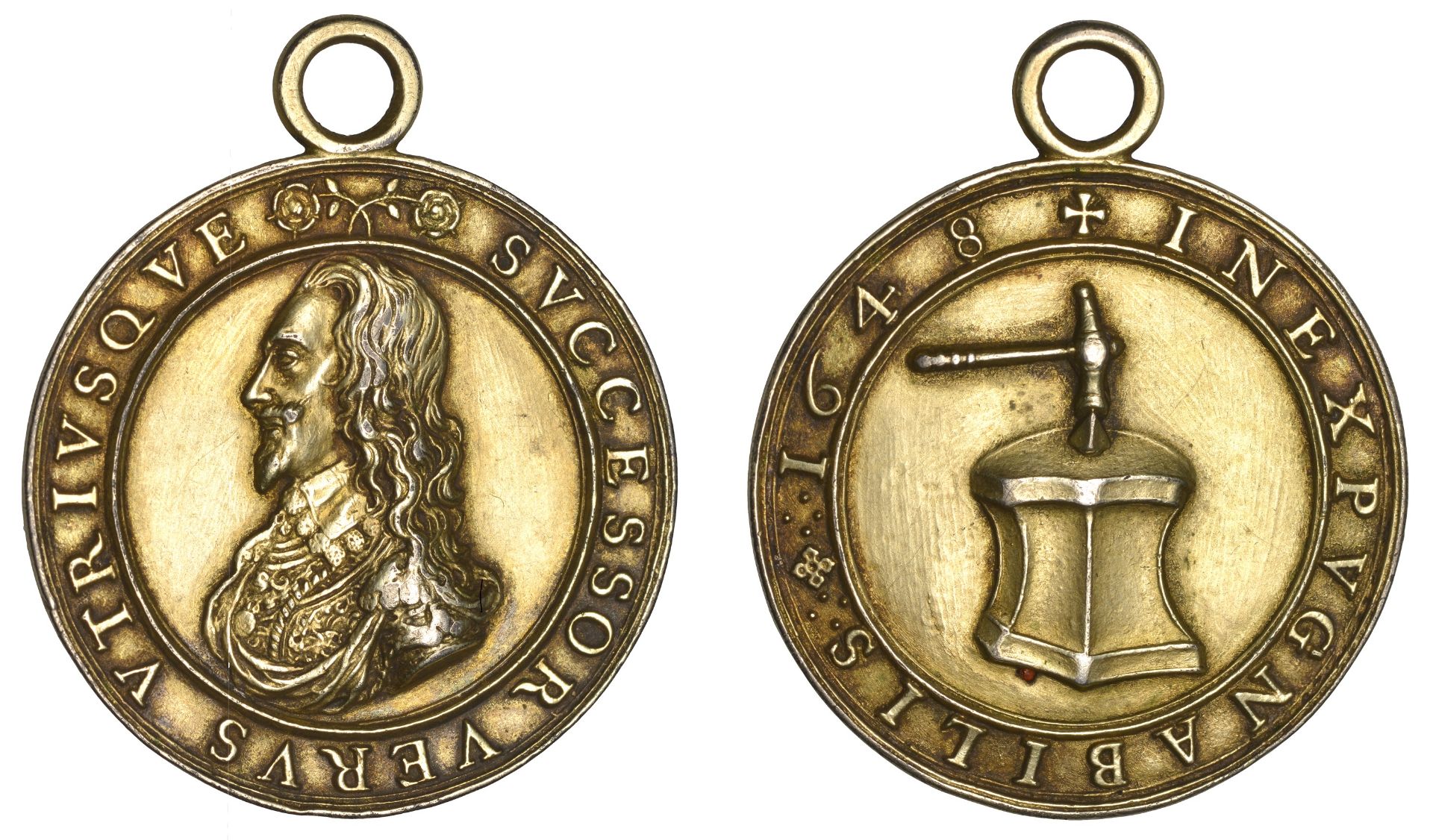 Death of Charles I, 1649, a silver-gilt medal by T. Rawlins, bare-headed bust left with fall...