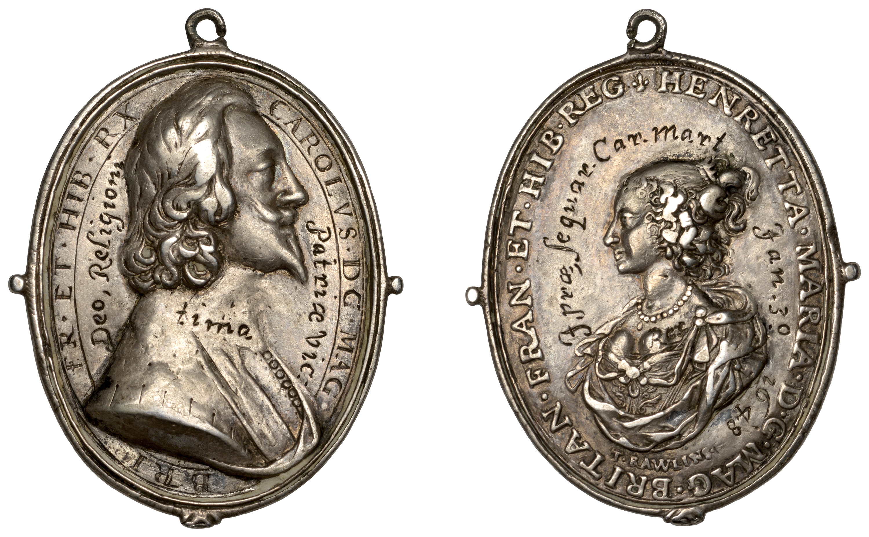 Charles I and Henrietta Maria, a cast and chased silver Royalist badge by T. Rawlins, bare-h...