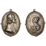 Charles I and Henrietta Maria, a cast and chased silver Royalist badge by T. Rawlins, bare-h...