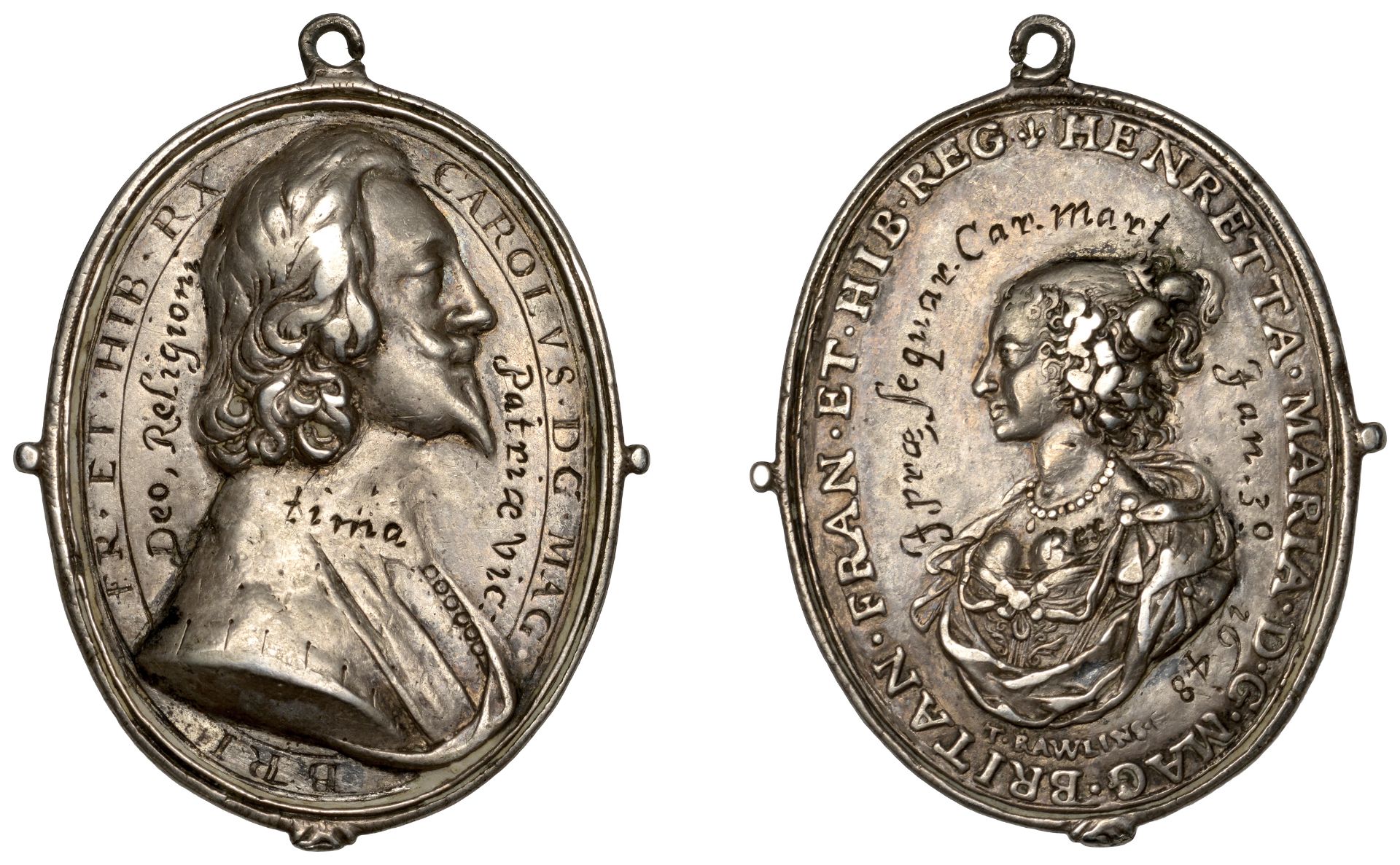 Charles I and Henrietta Maria, a cast and chased silver Royalist badge by T. Rawlins, bare-h...