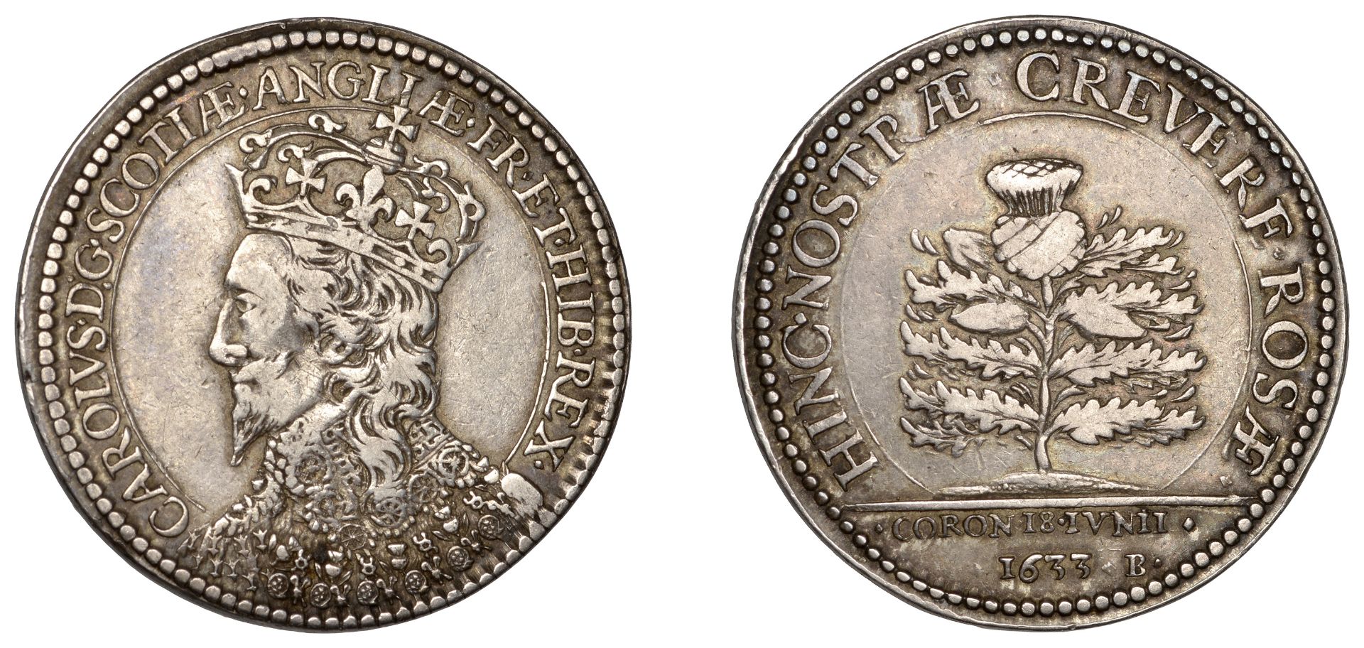 Charles I, Scottish Coronation, 1633, a struck silver medal by N. Briot, crowned bust left,...