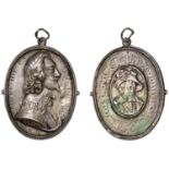 Charles I and James I, a cast and chased silver Royalist badge, unsigned, bust right surroun...