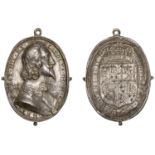 Charles I, a cast and chased silver Royalist badge, unsigned, similar to last, 39 x 30mm, 7....