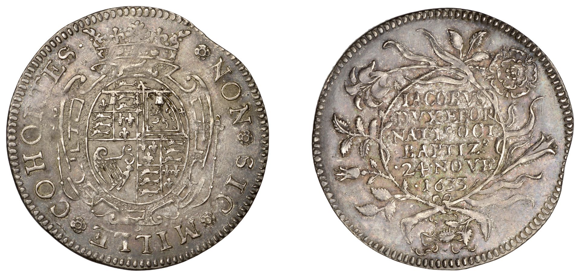 Baptism of Prince James, 1633, a silver medal by N. Briot, Princes's arms in ornately garnis...