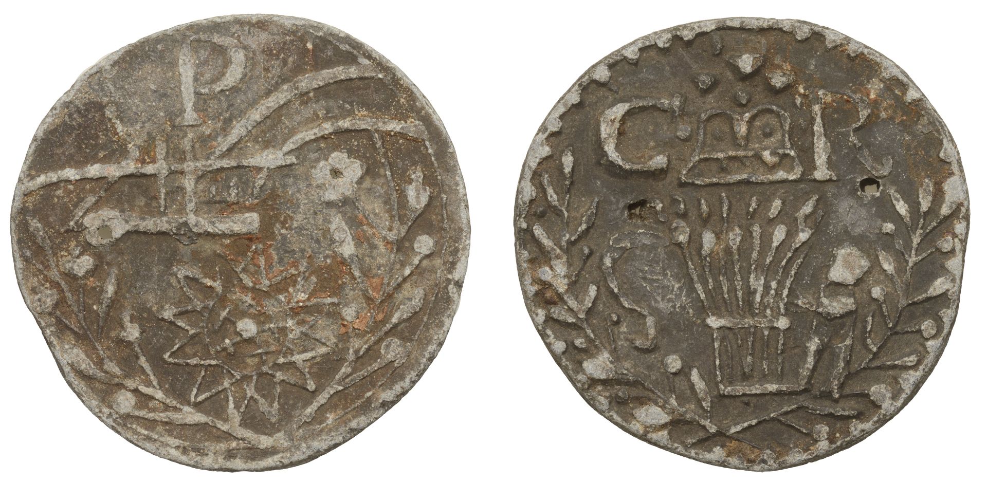 Charles I and Prince Charles, early 1630s (?), a lead medallion, unsigned, infant standing b...