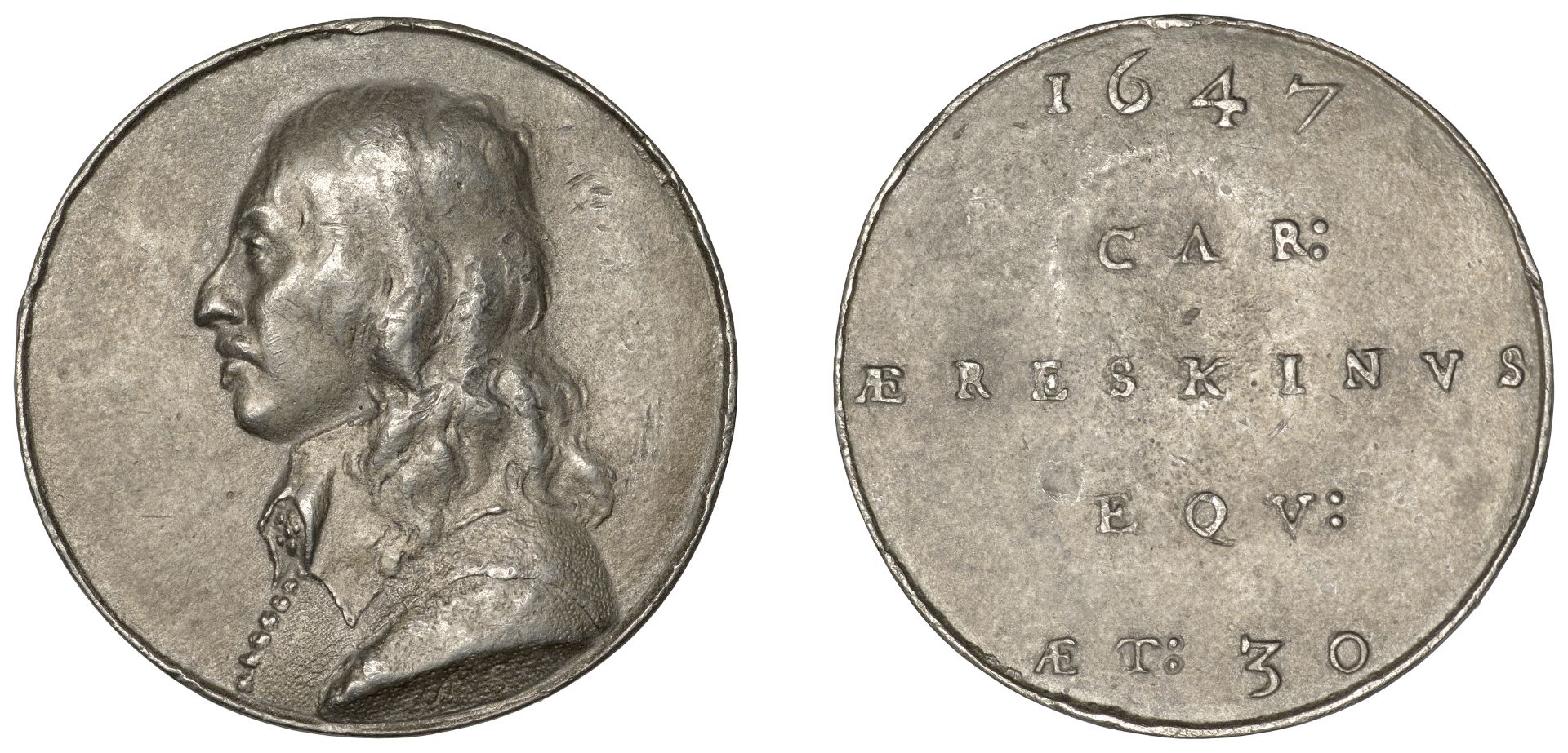 Sir Charles Erskine of Alva, 1647, a pewter medal by A. Simon, bust left, wearing buttoned d...