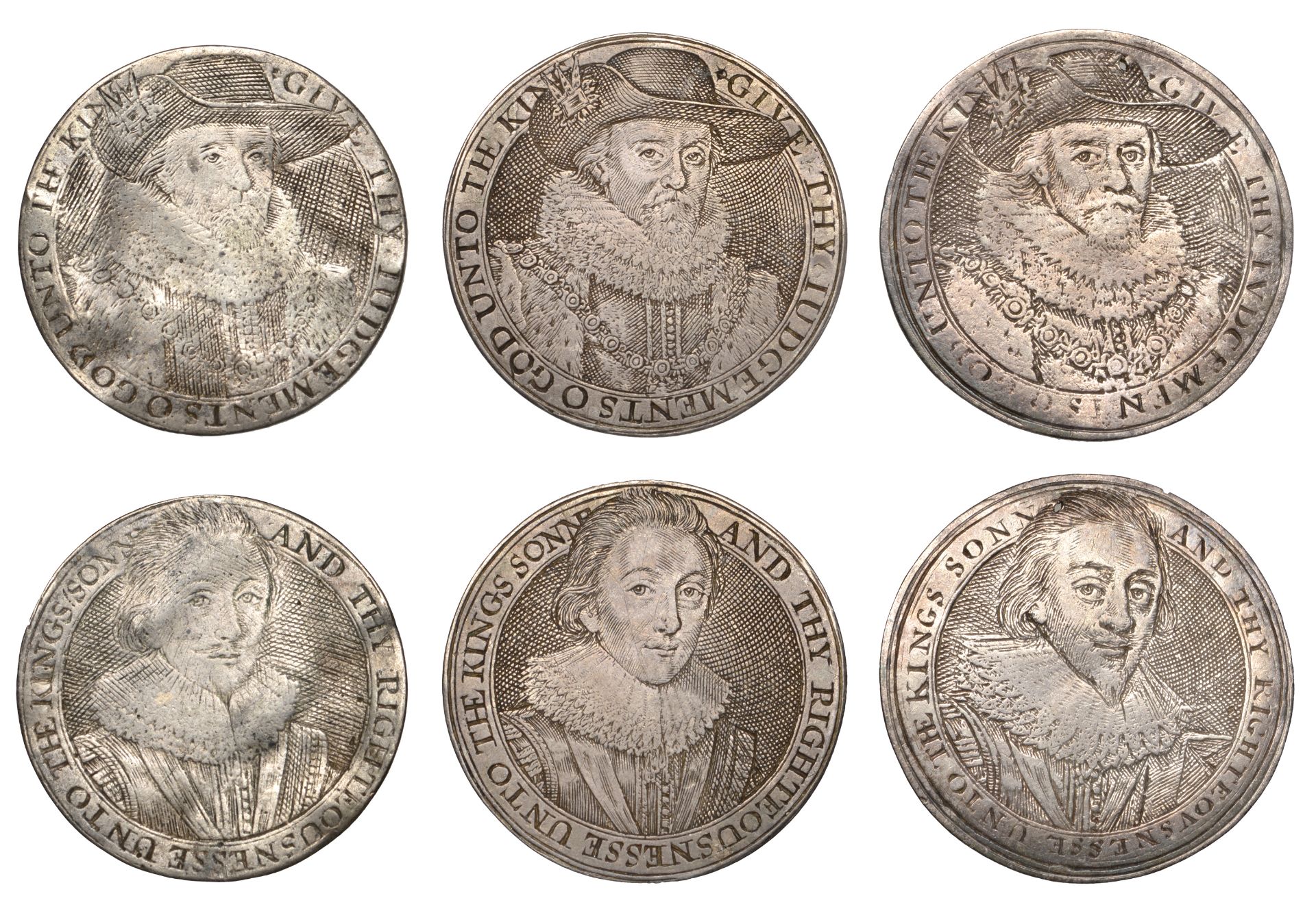 James I and Prince Charles, c. 1620, cast silver counters (3), in the style of S. de Passe,...