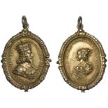 Charles I and Henrietta Maria, a cast and chased silver-gilt Royalist badge by T. Rawlins, c...